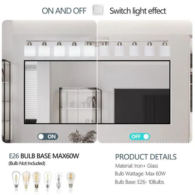 Alt view image 6 of 7 - 10-Light Bathroom Light Fixtures, 6552inch Nickel Vanity Light with Milky White Glass Shade, Modern Bathroom Wall Lights Over Mirror, Farmhouse Wall Sconces Lighting for Bedroom Living Room