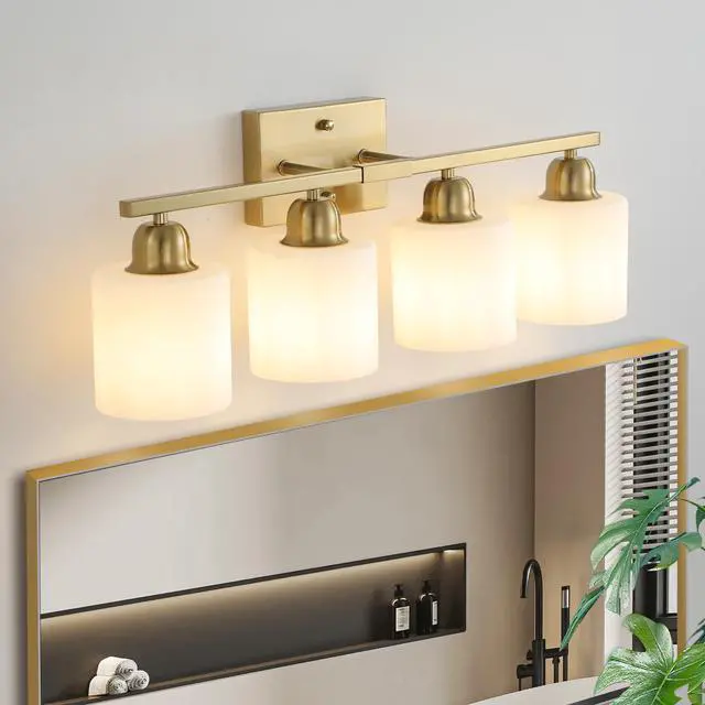 Main image of Gold Bathroom Light Fixtures, 4-Light Modern Vanity Light Over Mirror, Wall Sconces with Milky White Frosted Glass Shades, E26 Socket (Bulbs Not included)