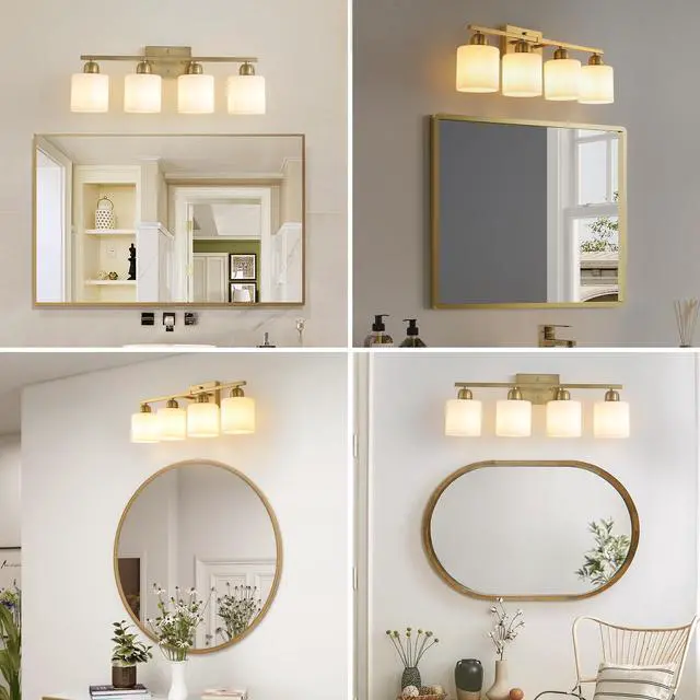 Alt view image 2 of 7 - Gold Bathroom Light Fixtures, 4-Light Modern Vanity Light Over Mirror, Wall Sconces with Milky White Frosted Glass Shades, E26 Socket (Bulbs Not included)