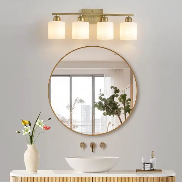 Alt view image 3 of 7 - Gold Bathroom Light Fixtures, 4-Light Modern Vanity Light Over Mirror, Wall Sconces with Milky White Frosted Glass Shades, E26 Socket (Bulbs Not included)