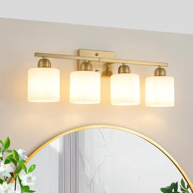 Alt view image 4 of 7 - Gold Bathroom Light Fixtures, 4-Light Modern Vanity Light Over Mirror, Wall Sconces with Milky White Frosted Glass Shades, E26 Socket (Bulbs Not included)