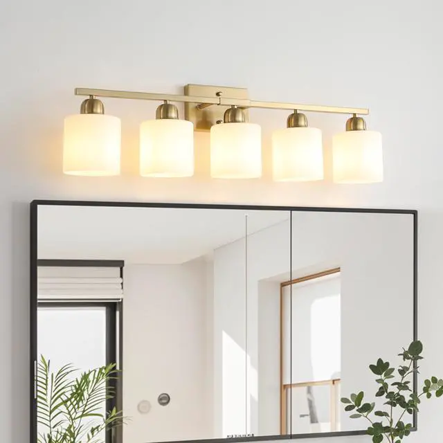 Main image of Gold Bathroom Light Fixtures, 5-Light Modern Vanity Light Over Mirror, Wall Sconces with Milky White Frosted Glass Shades, E26 Socket (Bulbs Not included)