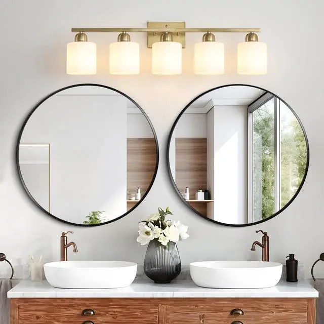 Alt view image 3 of 7 - Gold Bathroom Light Fixtures, 5-Light Modern Vanity Light Over Mirror, Wall Sconces with Milky White Frosted Glass Shades, E26 Socket (Bulbs Not included)