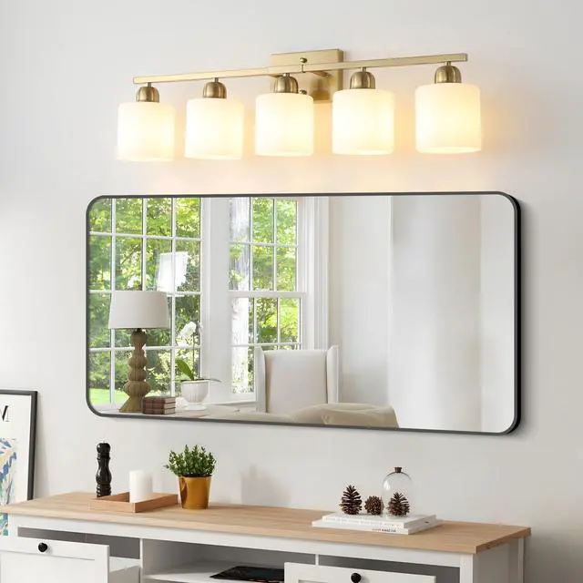 Alt view image 4 of 7 - Gold Bathroom Light Fixtures, 5-Light Modern Vanity Light Over Mirror, Wall Sconces with Milky White Frosted Glass Shades, E26 Socket (Bulbs Not included)
