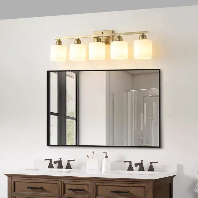 Alt view image 2 of 7 - Gold Bathroom Light Fixtures, 5-Light Modern Vanity Light Over Mirror, Wall Sconces with Milky White Frosted Glass Shades, E26 Socket (Bulbs Not included)