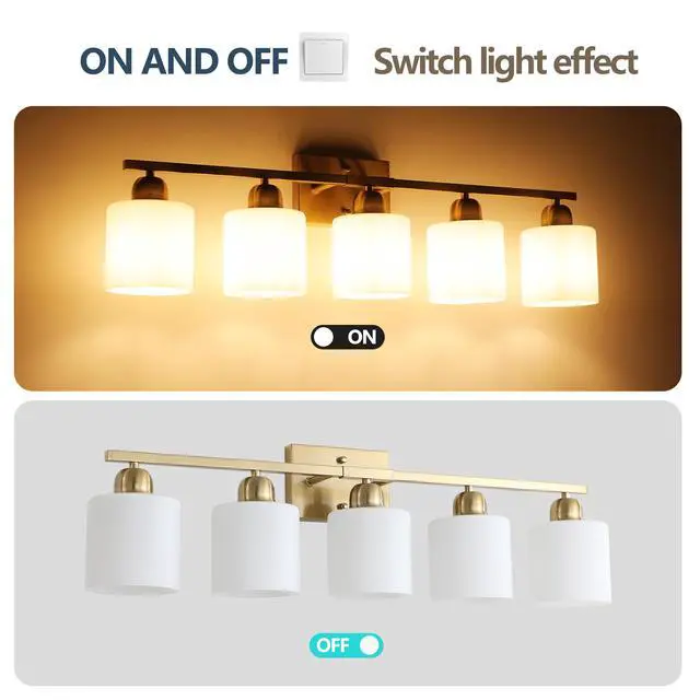 Alt view image 6 of 7 - Gold Bathroom Light Fixtures, 5-Light Modern Vanity Light Over Mirror, Wall Sconces with Milky White Frosted Glass Shades, E26 Socket (Bulbs Not included)
