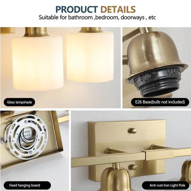 Alt view image 7 of 7 - Gold Bathroom Light Fixtures, 5-Light Modern Vanity Light Over Mirror, Wall Sconces with Milky White Frosted Glass Shades, E26 Socket (Bulbs Not included)