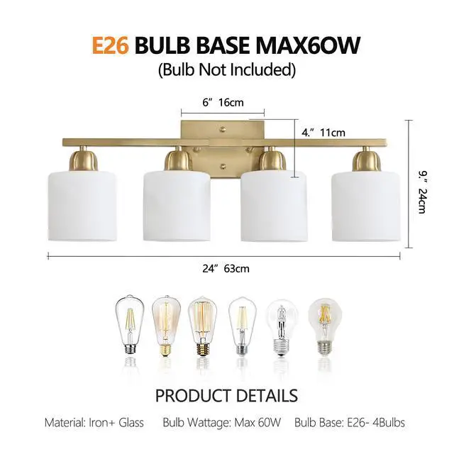 Alt view image 7 of 7 - Gold Bathroom Light Fixtures, 4-Light Modern Vanity Light Over Mirror, Wall Sconces with Milky White Frosted Glass Shades, E26 Socket (Bulbs Not included)