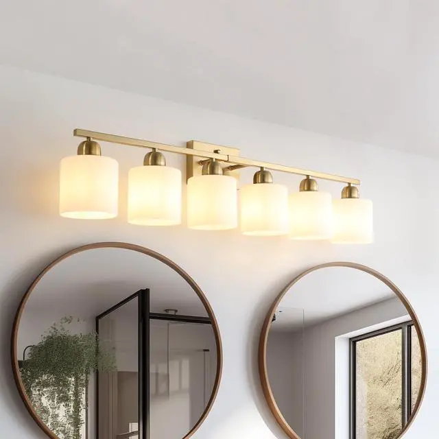 Alt view image 2 of 7 - 6 Light Gold Bathroom Vanity Light, Gold Bathroom Light Fixtures, 38" Modern Brushed Gold Vanity Lighting Fixtures for Bathroom Over Mirror, Gold Sconces Wall Lighting for Bedroom Living Room