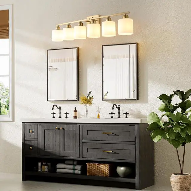 Alt view image 3 of 7 - 6 Light Gold Bathroom Vanity Light, Gold Bathroom Light Fixtures, 38" Modern Brushed Gold Vanity Lighting Fixtures for Bathroom Over Mirror, Gold Sconces Wall Lighting for Bedroom Living Room
