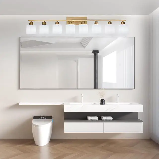 Alt view image 3 of 7 - 52inch Gold Bathroom Light Fixtures, Modern Bathroom Vanity Light with Milky White Glass Shade, Gold Wall Lamp Sconces for Mirror Bedroom, Living Room Hallway