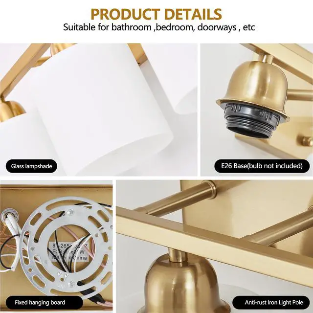 Alt view image 4 of 7 - 52inch Gold Bathroom Light Fixtures, Modern Bathroom Vanity Light with Milky White Glass Shade, Gold Wall Lamp Sconces for Mirror Bedroom, Living Room Hallway
