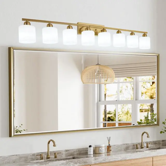 Alt view image 2 of 7 - 52inch Gold Bathroom Light Fixtures, Modern Bathroom Vanity Light with Milky White Glass Shade, Gold Wall Lamp Sconces for Mirror Bedroom, Living Room Hallway