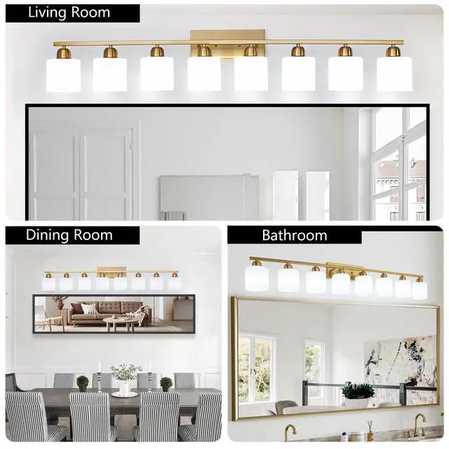 Alt view image 6 of 7 - 52inch Gold Bathroom Light Fixtures, Modern Bathroom Vanity Light with Milky White Glass Shade, Gold Wall Lamp Sconces for Mirror Bedroom, Living Room Hallway