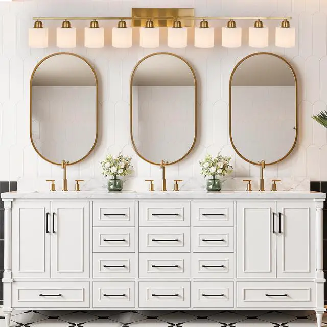 Alt view image 3 of 7 - 65inch Gold Bathroom Light Fixtures, Modern Bathroom Vanity Light with Milky White Glass Shade, Gold Wall Lamp Sconces for Mirror Bedroom, Living Room Hallway