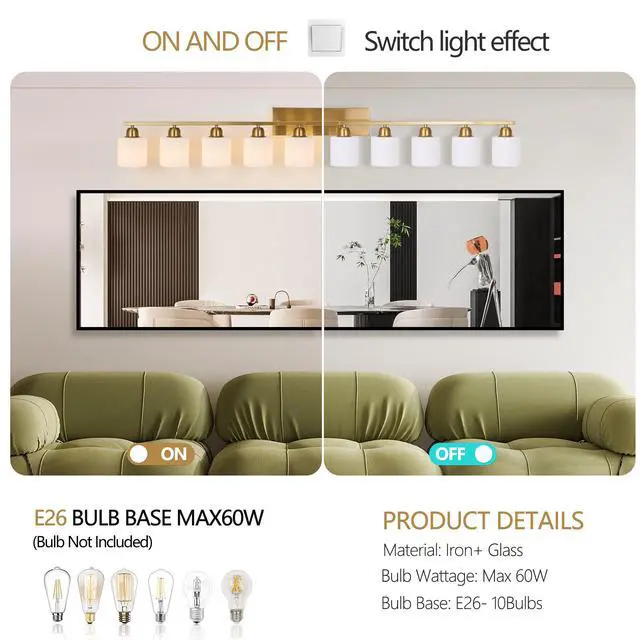 Alt view image 6 of 7 - 65inch Gold Bathroom Light Fixtures, Modern Bathroom Vanity Light with Milky White Glass Shade, Gold Wall Lamp Sconces for Mirror Bedroom, Living Room Hallway