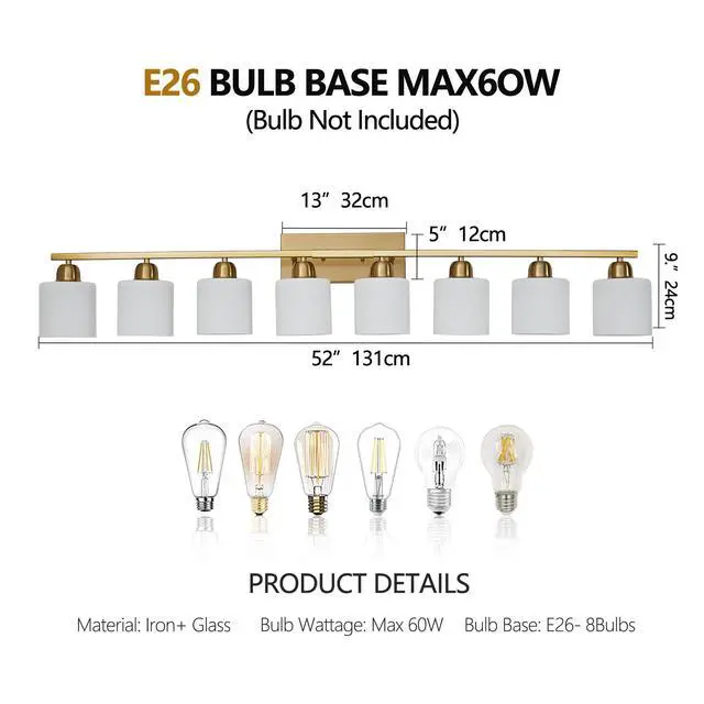 Alt view image 7 of 7 - 52inch Gold Bathroom Light Fixtures, Modern Bathroom Vanity Light with Milky White Glass Shade, Gold Wall Lamp Sconces for Mirror Bedroom, Living Room Hallway