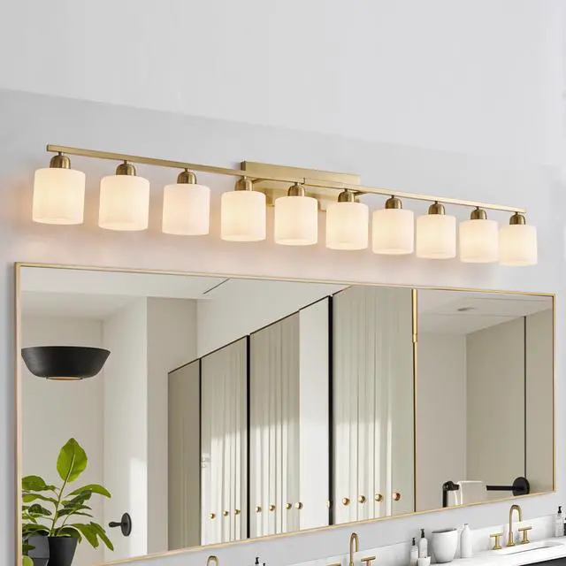 Main image of 65inch Gold Bathroom Light Fixtures, Modern Bathroom Vanity Light with Milky White Glass Shade, Gold Wall Lamp Sconces for Mirror Bedroom, Living Room Hallway