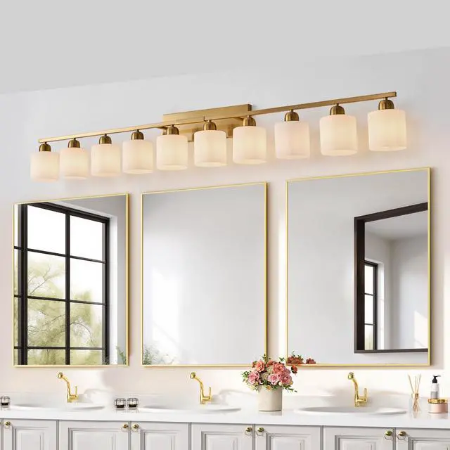 Alt view image 2 of 7 - 65inch Gold Bathroom Light Fixtures, Modern Bathroom Vanity Light with Milky White Glass Shade, Gold Wall Lamp Sconces for Mirror Bedroom, Living Room Hallway