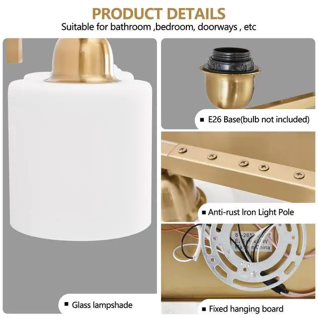 Alt view image 4 of 7 - 65inch Gold Bathroom Light Fixtures, Modern Bathroom Vanity Light with Milky White Glass Shade, Gold Wall Lamp Sconces for Mirror Bedroom, Living Room Hallway