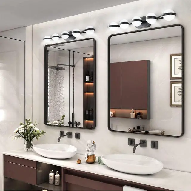 Alt view image 2 of 7 - Modern Minimalist Bathroom Vanity Light, Led 5 Bulb Frosted Glass Shades, Wall Mounted Decorative Lighting Fixture, Suitable for Bathroom Vanity Mirror (Black)