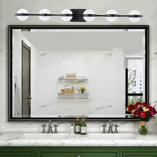 Alt view image 2 of 7 - 43" Black Minimalist Led Bathroom Vanity Light with Crystal Sand Acrylic Shades,6-Light Wall Mounted Decorative Lighting Fixture, Suitable for Bathroom Vanity Mirror