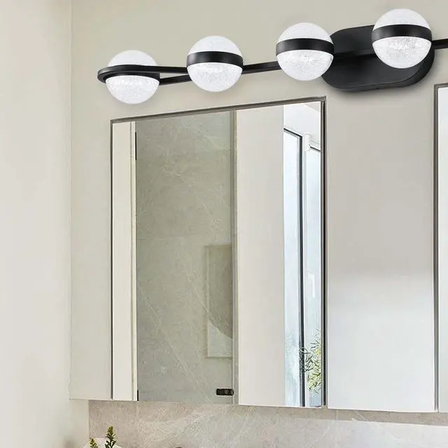 Alt view image 3 of 7 - 43" Black Minimalist Led Bathroom Vanity Light with Crystal Sand Acrylic Shades,6-Light Wall Mounted Decorative Lighting Fixture, Suitable for Bathroom Vanity Mirror