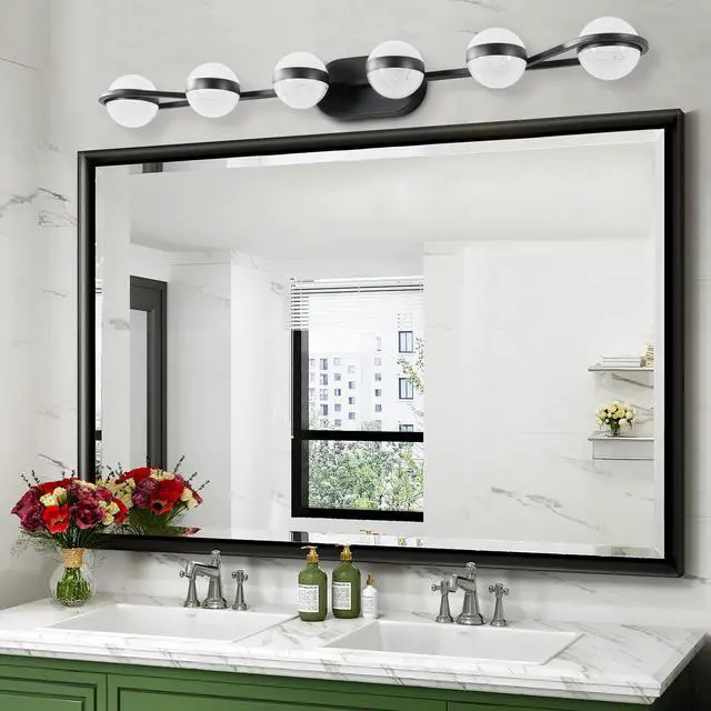 Alt view image 6 of 7 - 43" Black Minimalist Led Bathroom Vanity Light with Crystal Sand Acrylic Shades,6-Light Wall Mounted Decorative Lighting Fixture, Suitable for Bathroom Vanity Mirror