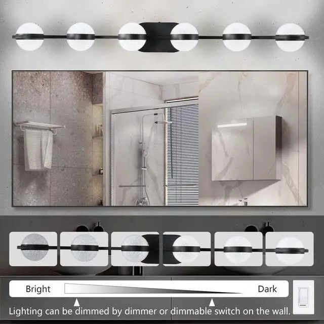 Alt view image 7 of 7 - 43" Black Minimalist Led Bathroom Vanity Light with Crystal Sand Acrylic Shades,6-Light Wall Mounted Decorative Lighting Fixture, Suitable for Bathroom Vanity Mirror