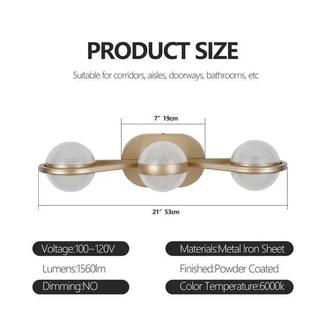 Alt view image 7 of 7 - Bathroom Vanity Light, Led 3 Bulb Crystal Sand Acrylic Shades, Wall Mounted Decorative Lighting Fixture, Suitable for Bathroom Vanity Mirror (Champagne Gold)