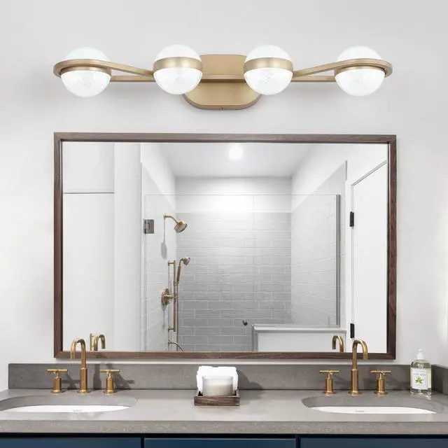 Main image of 28" Golden Minimalist Led Bathroom Vanity Light with Crystal Sand Acrylic Shades, 4-Light Wall Mounted Decorative Lighting Fixture, Suitable for Bathroom Vanity Mirror