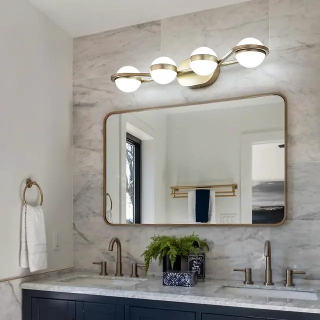 Alt view image 2 of 7 - 28" Golden Minimalist Led Bathroom Vanity Light with Crystal Sand Acrylic Shades, 4-Light Wall Mounted Decorative Lighting Fixture, Suitable for Bathroom Vanity Mirror