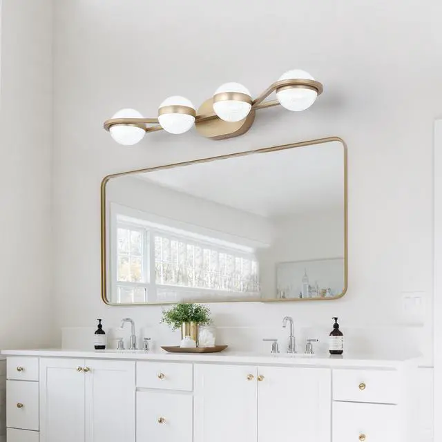 Alt view image 4 of 7 - 28" Golden Minimalist Led Bathroom Vanity Light with Crystal Sand Acrylic Shades, 4-Light Wall Mounted Decorative Lighting Fixture, Suitable for Bathroom Vanity Mirror