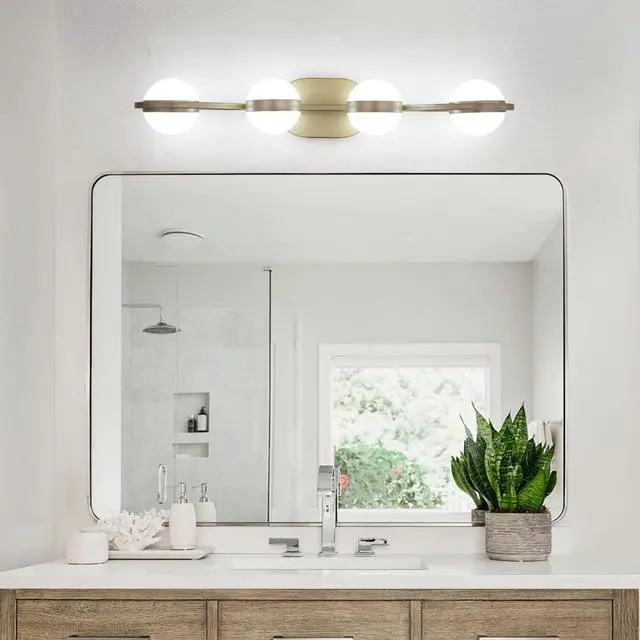 Alt view image 3 of 7 - 28" Golden Minimalist Led Bathroom Vanity Light with Crystal Sand Acrylic Shades, 4-Light Wall Mounted Decorative Lighting Fixture, Suitable for Bathroom Vanity Mirror