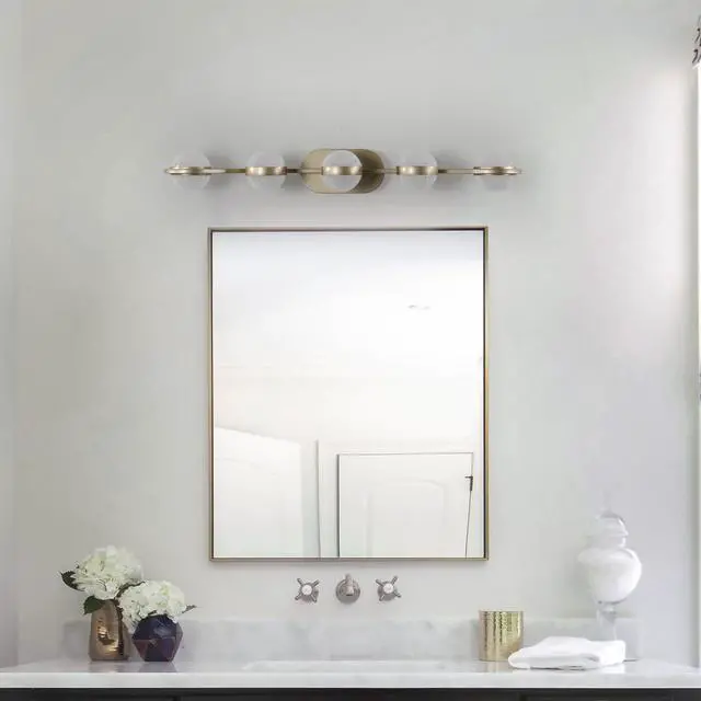 Main image of Bathroom Vanity Light, Led 5 Bulb Crystal Sand Acrylic Shades, Wall Mounted Decorative Lighting Fixture, Suitable for Bathroom Vanity Mirror (Champagne Gold)