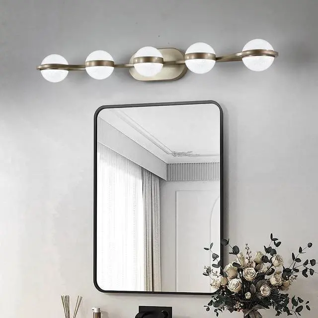 Alt view image 2 of 7 - Bathroom Vanity Light, Led 5 Bulb Crystal Sand Acrylic Shades, Wall Mounted Decorative Lighting Fixture, Suitable for Bathroom Vanity Mirror (Champagne Gold)