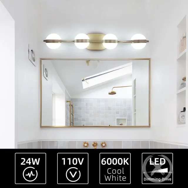 Alt view image 6 of 7 - 28" Golden Minimalist Led Bathroom Vanity Light with Crystal Sand Acrylic Shades, 4-Light Wall Mounted Decorative Lighting Fixture, Suitable for Bathroom Vanity Mirror
