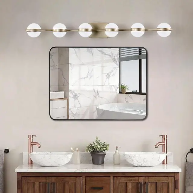 Main image of 43" Gold Minimalist Led Bathroom Vanity Light with Crystal Sand Acrylic Shades, 6-Light Wall Mounted Decorative Lighting Fixture, Suitable for Bathroom Vanity Mirror