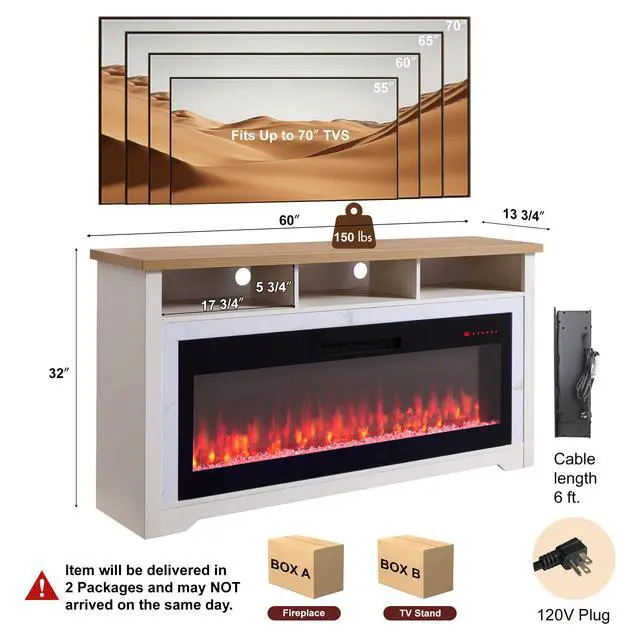 Alt view image 2 of 6 - 60 Inch Fireplace Tv Stand For Tvs Up To 70",With 50"Smart Electric Fireplace,White