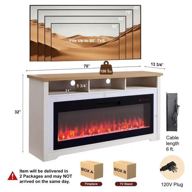 Alt view image 2 of 6 - 70 Inch Fireplace Tv Stand For Tvs Up To 70",With 60"Smart Electric Fireplace,White