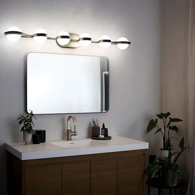 Alt view image 3 of 7 - 43" Gold Minimalist Led Bathroom Vanity Light with Crystal Sand Acrylic Shades, 6-Light Wall Mounted Decorative Lighting Fixture, Suitable for Bathroom Vanity Mirror