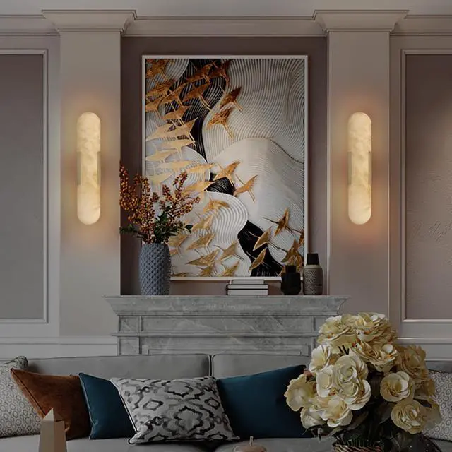 Alt view image 2 of 7 - 19.7" Natural Marble Wall Sconce, Gold Sconces Set Of Two, indoor Modern Bathroom Sconces Wall Lighting for Living Room, Bedroom, Hallway, Stairs