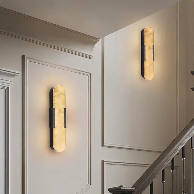 Alt view image 4 of 7 - 19.7" Natural Marble Wall Sconce, Black Sconces Set Of Two, indoor Modern Bathroom Sconces Wall Lighting for Living Room, Bedroom, Hallway, Stairs