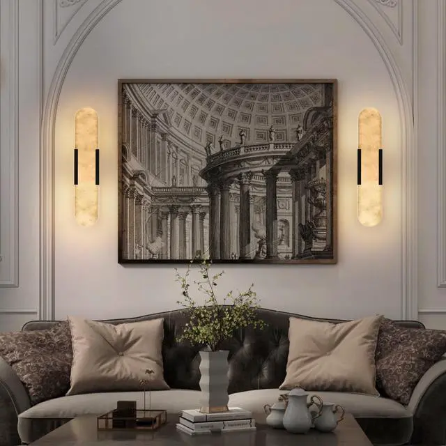 Alt view image 3 of 7 - 19.7" Natural Marble Wall Sconce, Black Sconces Set Of Two, indoor Modern Bathroom Sconces Wall Lighting for Living Room, Bedroom, Hallway, Stairs