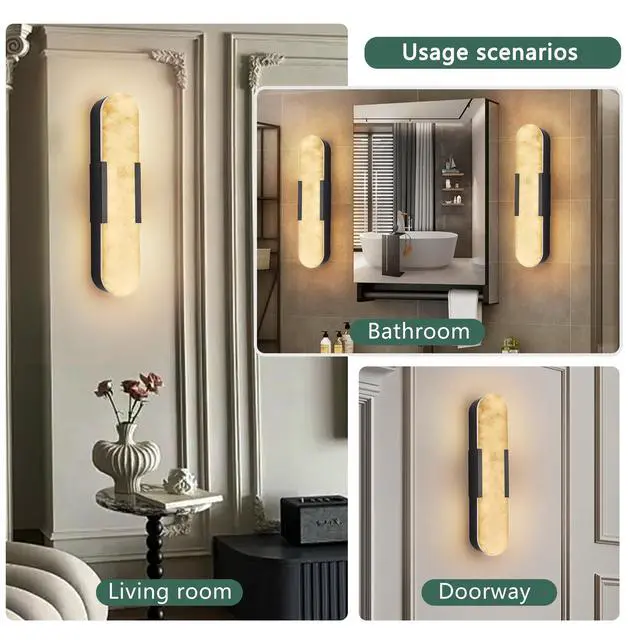 Alt view image 5 of 7 - 19.7" Natural Marble Wall Sconce, Black Sconces Set Of Two, indoor Modern Bathroom Sconces Wall Lighting for Living Room, Bedroom, Hallway, Stairs