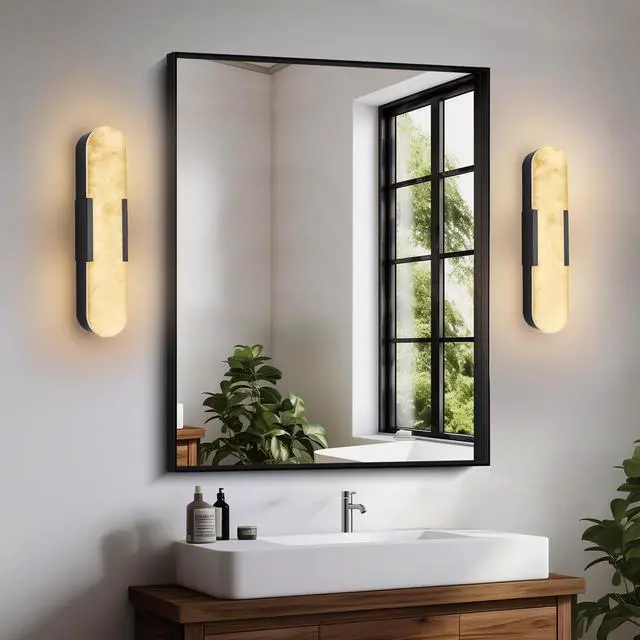 Alt view image 2 of 7 - 19.7" Natural Marble Wall Sconce, Black Sconces Set Of Two, indoor Modern Bathroom Sconces Wall Lighting for Living Room, Bedroom, Hallway, Stairs