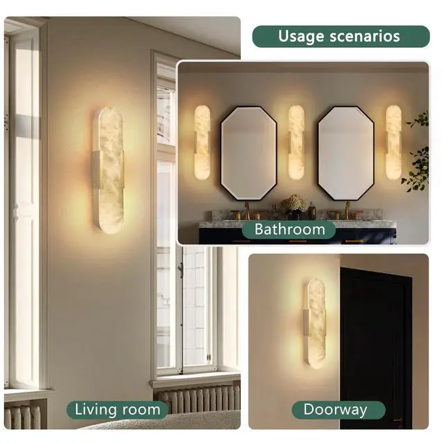 Alt view image 4 of 7 - 19.7" Natural Marble Wall Sconce, Gold Sconces Set Of Two, indoor Modern Bathroom Sconces Wall Lighting for Living Room, Bedroom, Hallway, Stairs