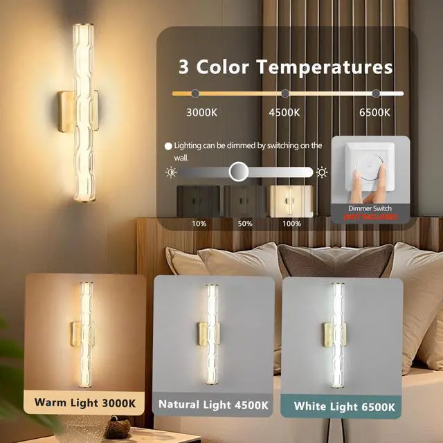 Alt view image 7 of 7 - 19.7'' Gold Bathroom Wall Sconce Set Of 2, Modern Single Sconce Wall Lighting, Upgrated K9 Crystal Bronze Wall Light, Bedroom Vanity Sconce, Wall Lamp for Living Room, Stairway, Hallway