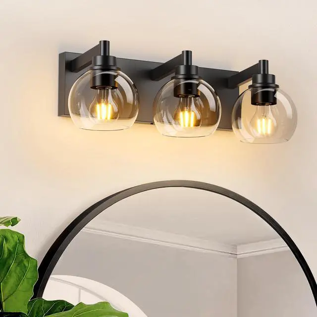 Main image of Bathroom Vanity Light,Modern 3-Light Bathroom Lighting Fixtures Over Mirror with Clear Glass Shade and Metal Base,Matte Black Bathroom Lighting(No Bulbs)