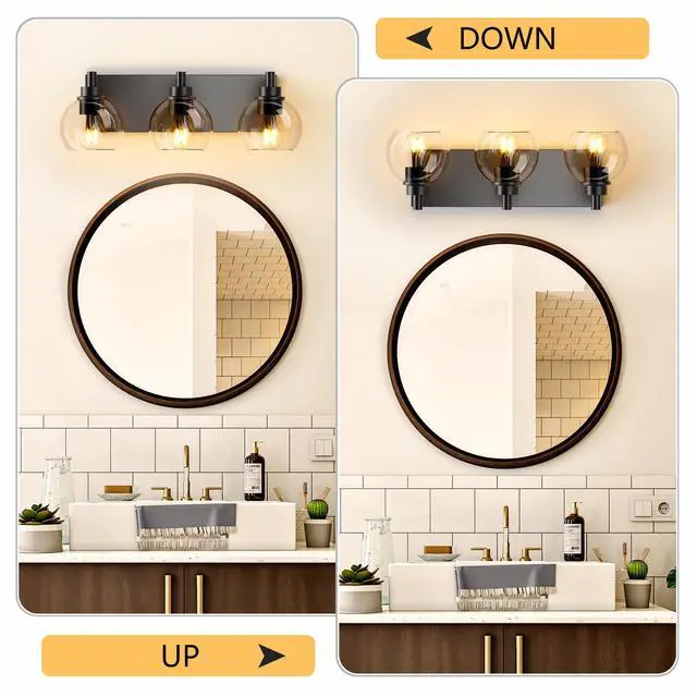 Alt view image 3 of 7 - Bathroom Vanity Light,Modern 3-Light Bathroom Lighting Fixtures Over Mirror with Clear Glass Shade and Metal Base,Matte Black Bathroom Lighting(No Bulbs)
